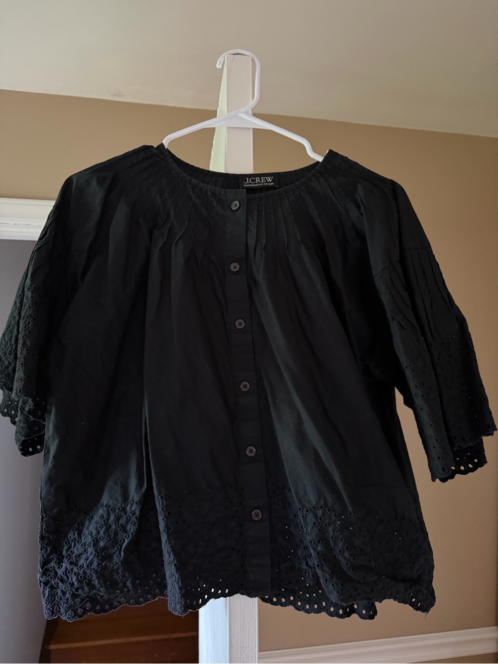 J. Crew Black Eyelet Button-Front Cotton Blouse Size M